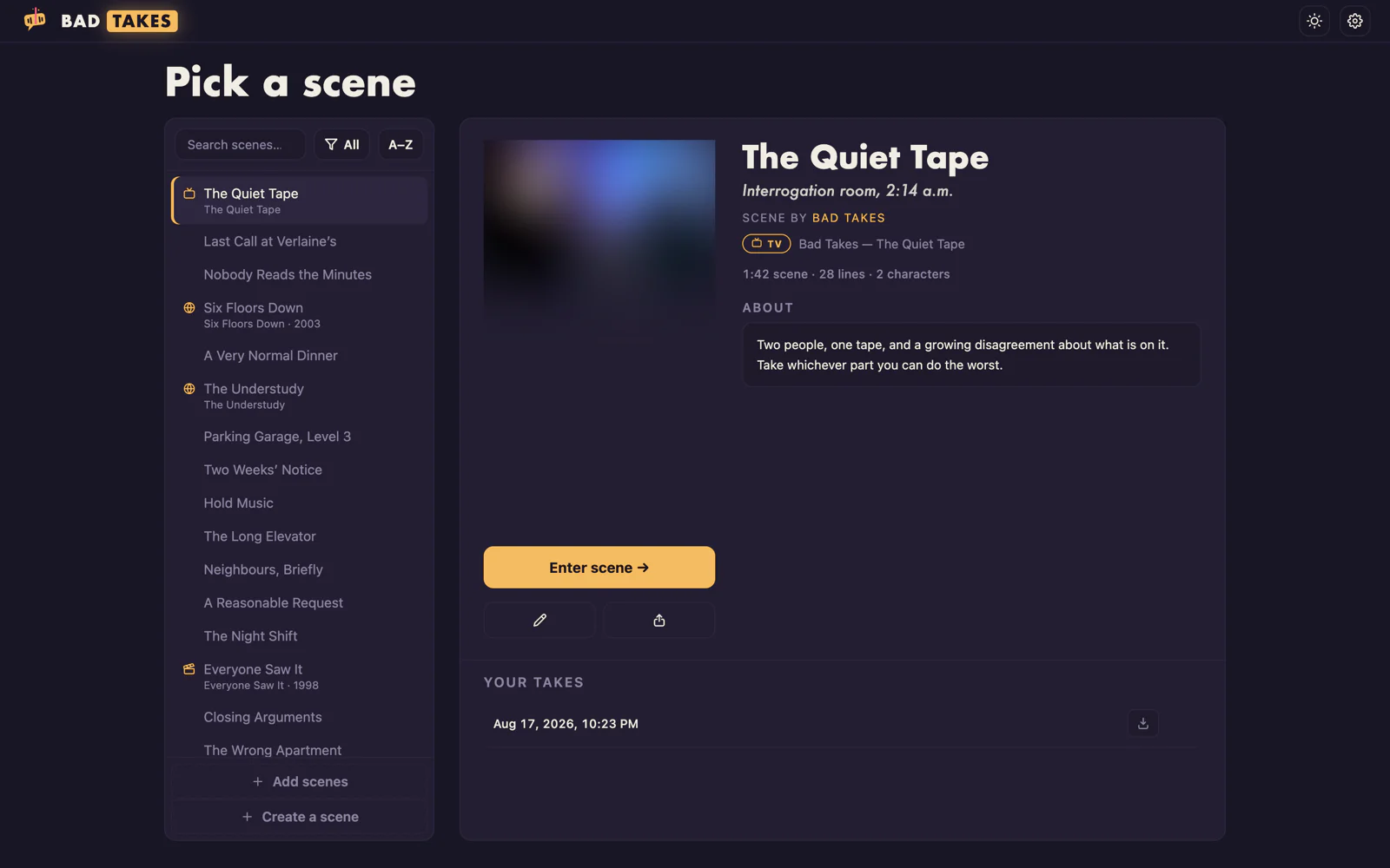 The Bad Takes library, showing a list of installed scenes beside the selected scene's details.