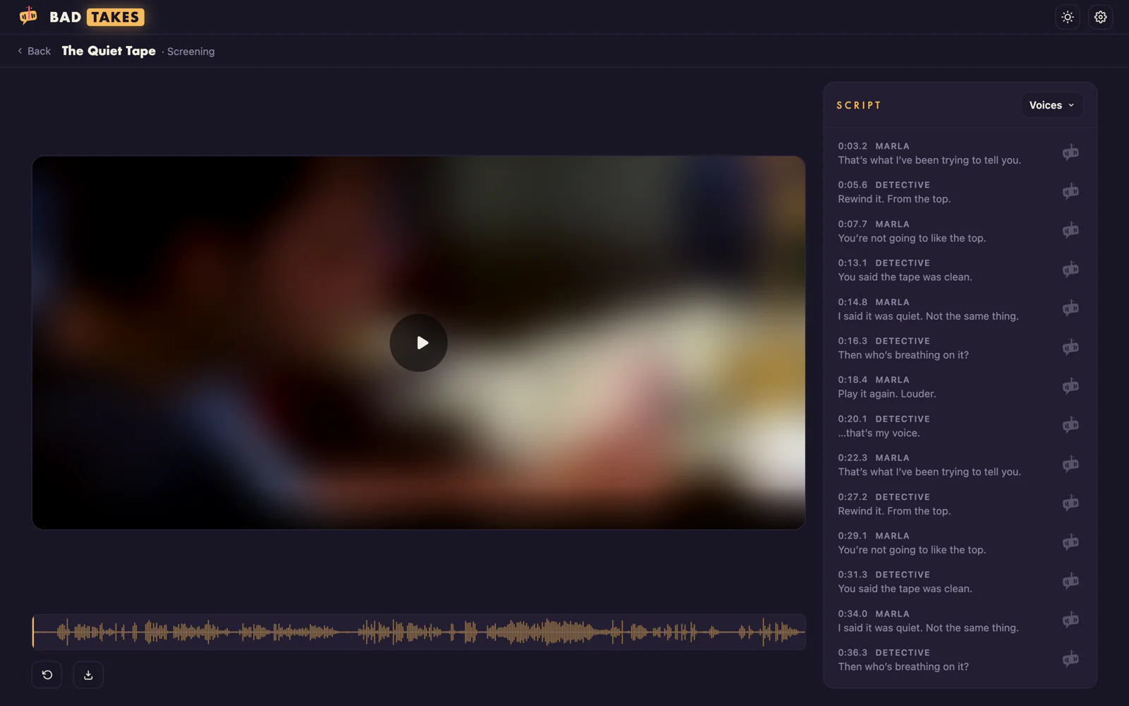The screening room playing the finished dub, with the script panel tracking each line.